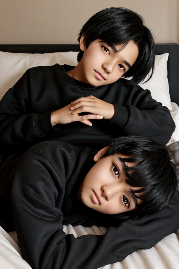 Boy with neck-length black hair, with a mole under the left eye, virtual anime style, with a hip-length black sweatshirt, lying on a bed