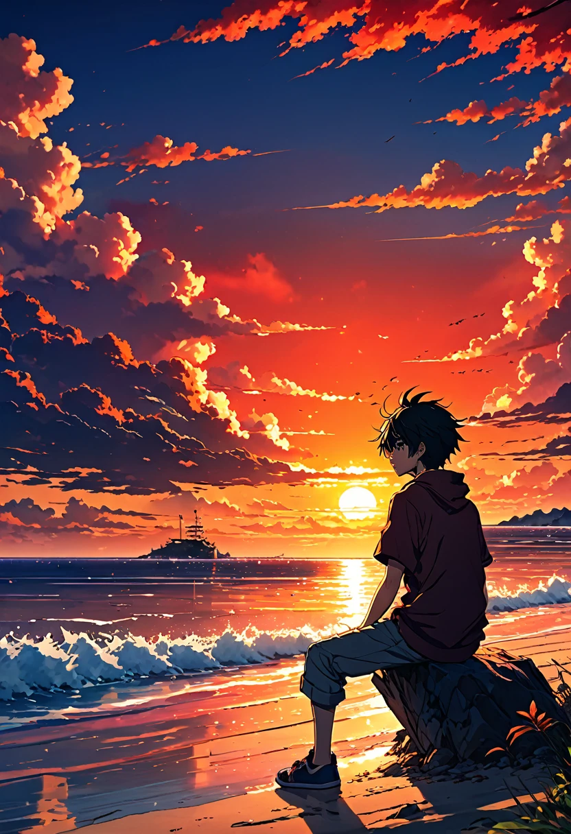 anime landscape of a boy sitting near the shore of a sea with, sunset with orange and red hellish clouds, anime nature wallpapers, beautiful anime scene, beautiful anime peace scene, Makoto Shinkai Cyril Rolando, beautiful anime scene, amazing wallpaper, 8k anime art wallpaper, anime background, art anime background, 4k anime wallpaper, 4k anime art wallpaper, wallpaper anime art 4k,