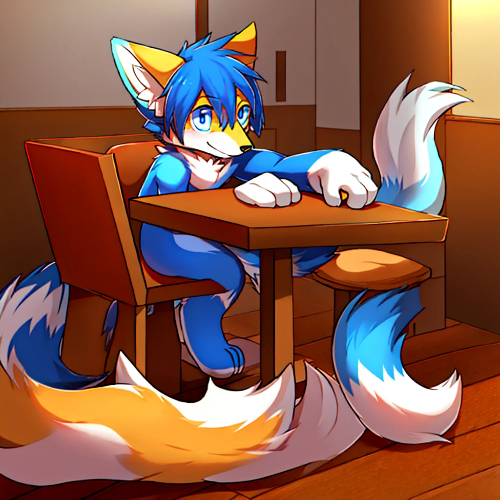 Color and white case、Bright blue male fox，For the audience, permanent，Cute appearance，Sitting at the table，Disdainful look