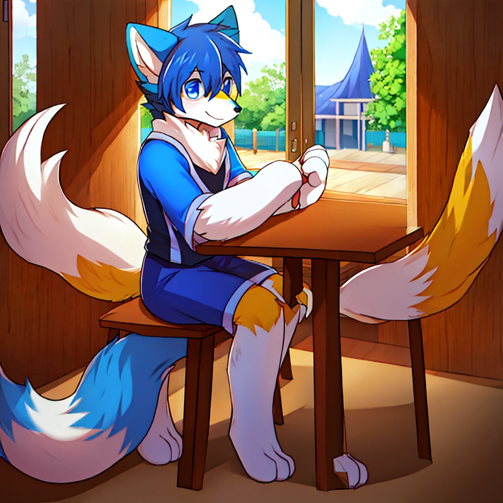 Color and white case、Bright blue male fox，For the audience, permanent，Cute appearance，Sitting at the table，Disdainful look