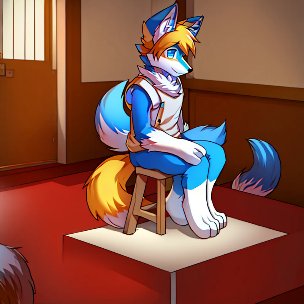 Color and white case、Bright blue male fox，For the audience, permanent，Cute appearance，Sitting at the table，Disdainful look