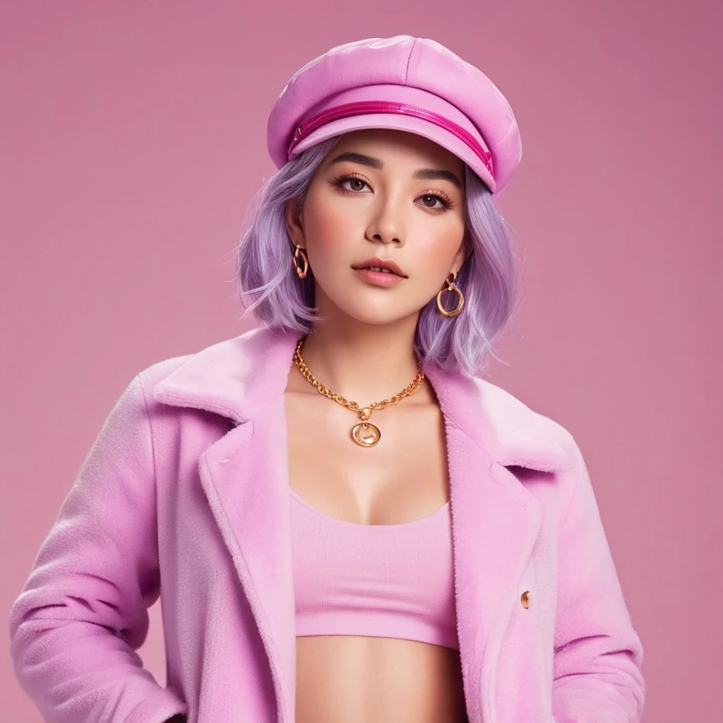 woman with lavender hair. She accessorizes with gold hoop earrings and a lavender-colored necklace, she also has a Magenta hat. She wears an open fluffy pink jacket and a pink bra as well as a pink choker. She also wears a belt with a gold ring and has golden bracelets on her left hand.