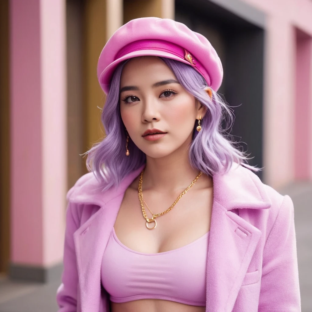 woman with lavender hair. She accessorizes with gold hoop earrings and a lavender-colored necklace, she also has a Magenta hat. She wears an open fluffy pink jacket and a pink bra as well as a pink choker. She also wears a belt with a gold ring and has golden bracelets on her left hand.