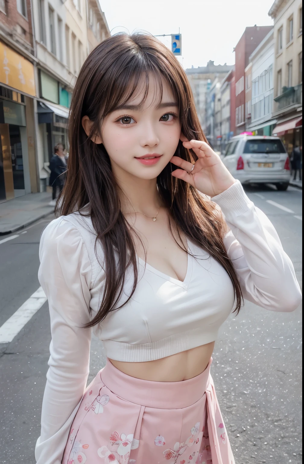 (masterpiece: 1.3),8K, Realistic, RAW Photos, Highest quality: 1.4), (One Girl), Beautiful Face, (Realistic Face), (Brown long hair: 1.3), Beautiful Hairstyles, (bangs), (smile), smile, Realistic eyes, Gloss, highlight, highlight in the Eyes, eyelash, Beautiful details in the eyes, (Realistic Skin), (White Puff Sleeves、Pink floral mini skirt),Slightly large chest、Beautiful Skin, Transparency, bust, smile, teeth, Confused, charm, 超High resolution, Ultra-realistic, High resolution, Golden Ratio, Clear eyes, Wet, Mole, Looking into the camera, ear, Shine, Long neck, double eyelid, Big eyes, cheek, kind character, charm personality, kind, Move, 圧倒的なcharm, bright personality、bustling street、(Reaching out towards the viewer)