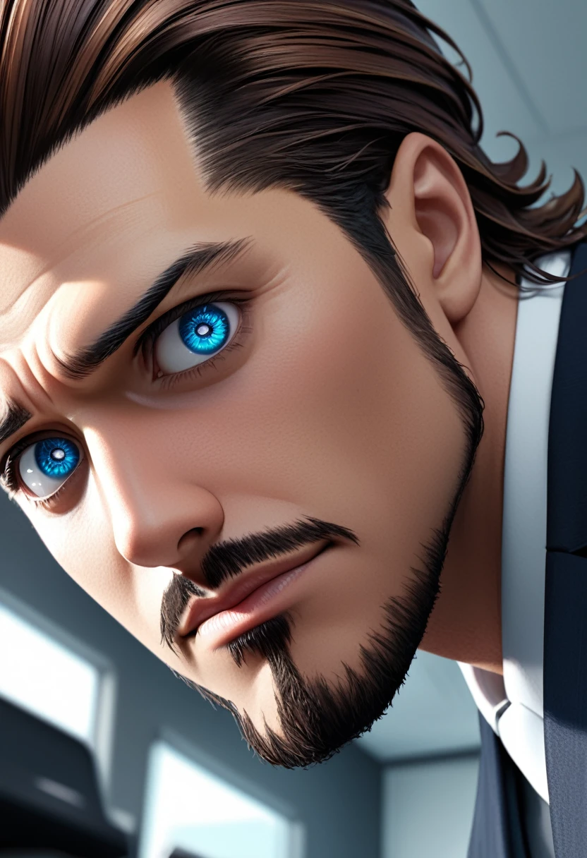 detailed illustration (side view),dynamic angle, ultra-detailed, detailed eyes, detailed face, 1boy, dark brown hair, sharp hair, crisp hair, goatee, smirk, suit coat, office room, close up, profile, arrogant, cocky, cruel, dark blue eyes, detailed eyes, highly detailed eyes,