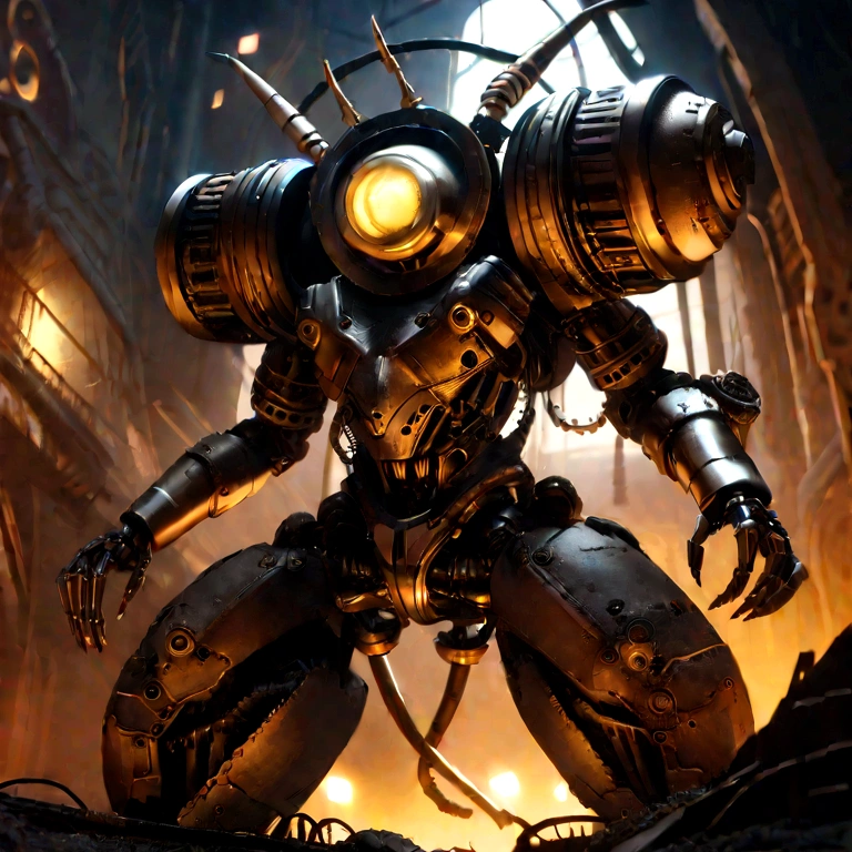 a high quality detailed shout and stout insectod figure, large glowing eyes, glowing antennae, large goggles on head, steampunk style, cinematic lighting, intricate mechanical details, brass and chrome, intricate gears and machinery, dystopian sci-fi, dark moody atmosphere, dramatic lighting, photorealistic, 8k, masterpiece