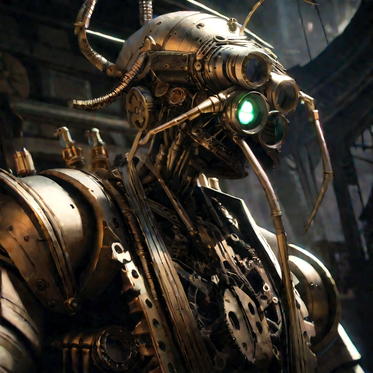 a high quality detailed shout and stout insectod figure, large glowing eyes, glowing antennae, large goggles on head, steampunk style, cinematic lighting, intricate mechanical details, brass and chrome, intricate gears and machinery, dystopian sci-fi, dark moody atmosphere, dramatic lighting, photorealistic, 8k, masterpiece