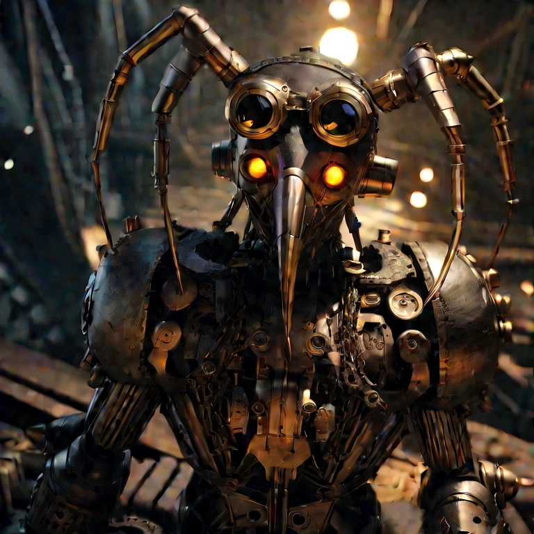 a high quality detailed shout and stout insectod figure, large glowing eyes, glowing antennae, large goggles on head, steampunk style, cinematic lighting, intricate mechanical details, brass and chrome, intricate gears and machinery, dystopian sci-fi, dark moody atmosphere, dramatic lighting, photorealistic, 8k, masterpiece