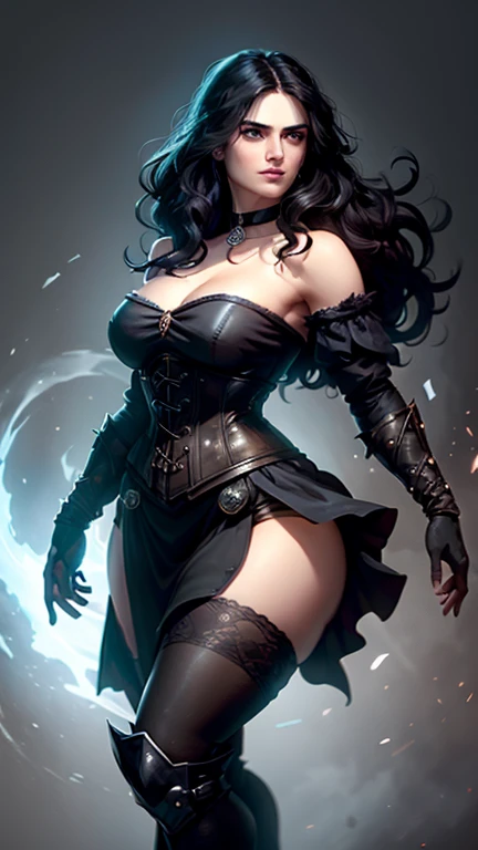 (Katie McGrath face), realistic face, Generate an illustration of a young (Yennefer of Vengerberg), of Witcher 3, correct head to body proportion, hair combed to sides, layered haircut, de terno preto, black long hair flows to her back, hair flows straight down, black hair, Ultrarealistic Bright Violet eyes, both eyes are similar, (big round poking breasts), low-cut deep cleavage, Ultrarealistic juicy round butt, Ultrarealistic detailed hips, swaying her hips, thick thighs, black Corset outfit in anime format with a serious style, ((black strapless dress)), Ruby black velvet choker, grey tights, black boots, gothic make up, masterpiece, ((dark lighting)), black background, puffy lips,slendered toned abs, beautiful face, grin on face 