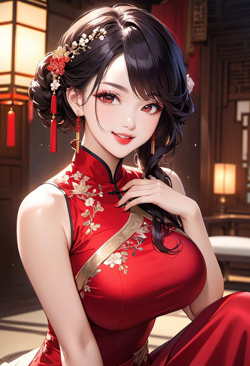 Highest quality、High resolution、Detailed Background、Beautiful face in every detail、Teenage beauty、Huge breasts、Perfect body line、well-groomed eyebrows、indoor、Calm atmosphere、Shiny Chinese Dress、Dark colors such as red and black、Wearing high heels、Strap and ribbon design、Pearl and metal accessories、Sexy wavy hairstyle、Red lipstick、Deep red、very beautiful、A big smile