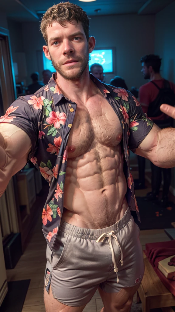 Masterpiece, denoise, void noise, one man, best quality, 8k resolution, male focus, focus only, amazing composition, volumetric lighting, super quality, elegant, Very detailed, beach, front view, facing viewer , -----------, 35 years old, mature face, muscular, thin body, Caucasian, (((white skin, pale skin))), handsome, (detailed light-blue eyes), light brown hair, big ears, (((hairy pectorals, thick plenty chest and body hair))), ((Medium long beard)), (((((Jim Sturgess Russell Tovey mixed face and hair))))), (((big nipples, perky nipples))), ------------, ((((detailed shorts)))), ((((clear color hawaiian style short sleeve shirt)))), (((holding frame pov: like taking a selfie))),