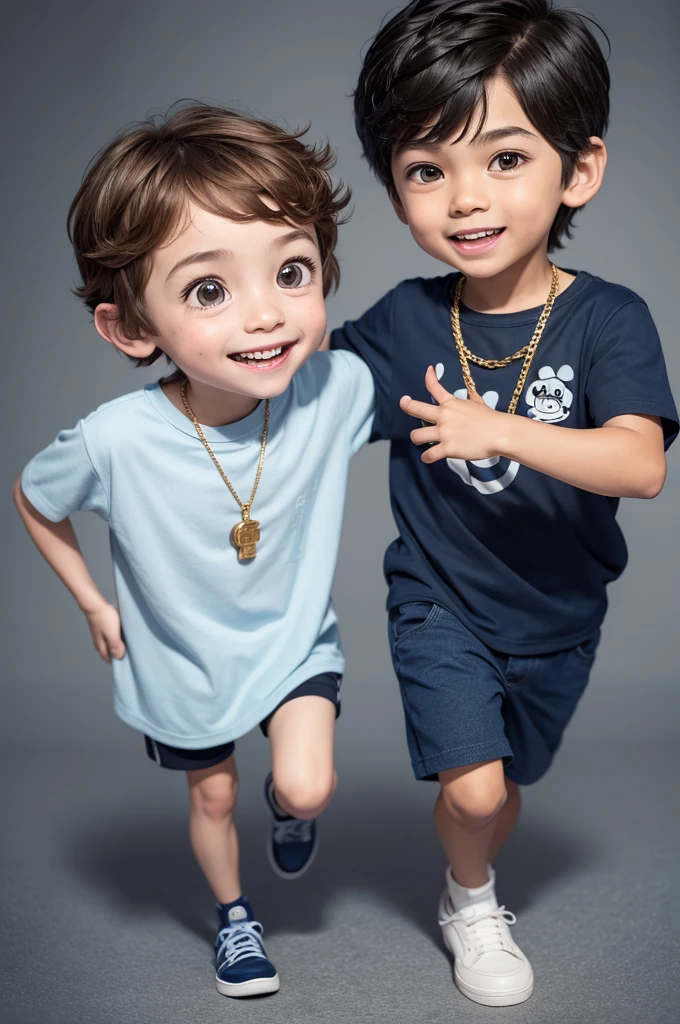 Boy character from Inside Out, disney pixar style, 3d, very small, with brown boyish hair ,with navy blue clothes, black sneakers , with happy face, Caucasian skin, with a gold chain around her neck , White background, 8 k quality.