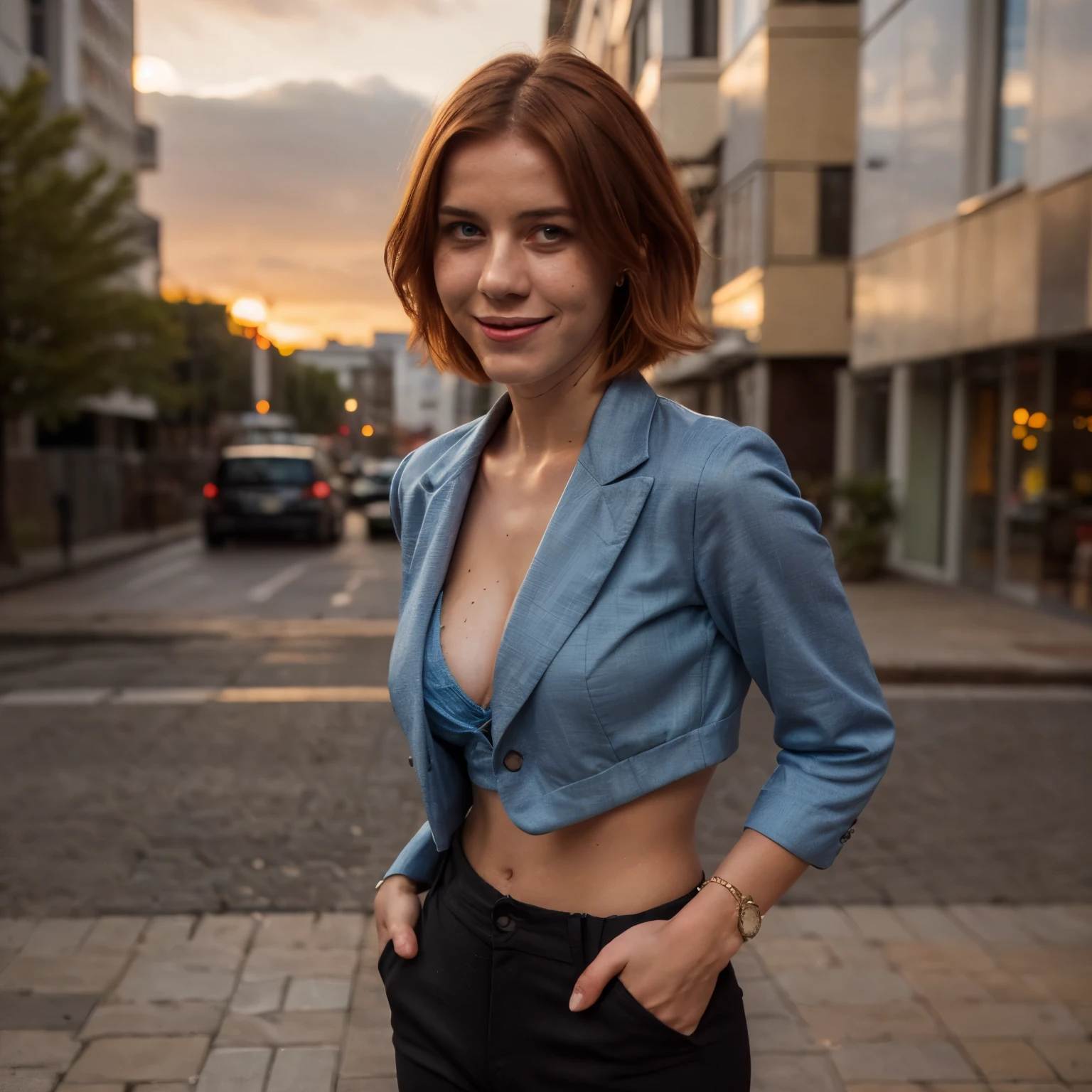(perfect lighting, perfect perspective, 8k raw,Russian girl, Russian traits, natural red hair,1girl, beautiful jaw, high detailed, perfect boobs, realistic, 8k raw,face detailed, Red hair, gazing at viewer, jewelry, (bangss) freckles (blue colored eyes) shorth hair, fully body, short hair style, short red hair style) Tokyo, black pants, black blazer, sunset, smiling,