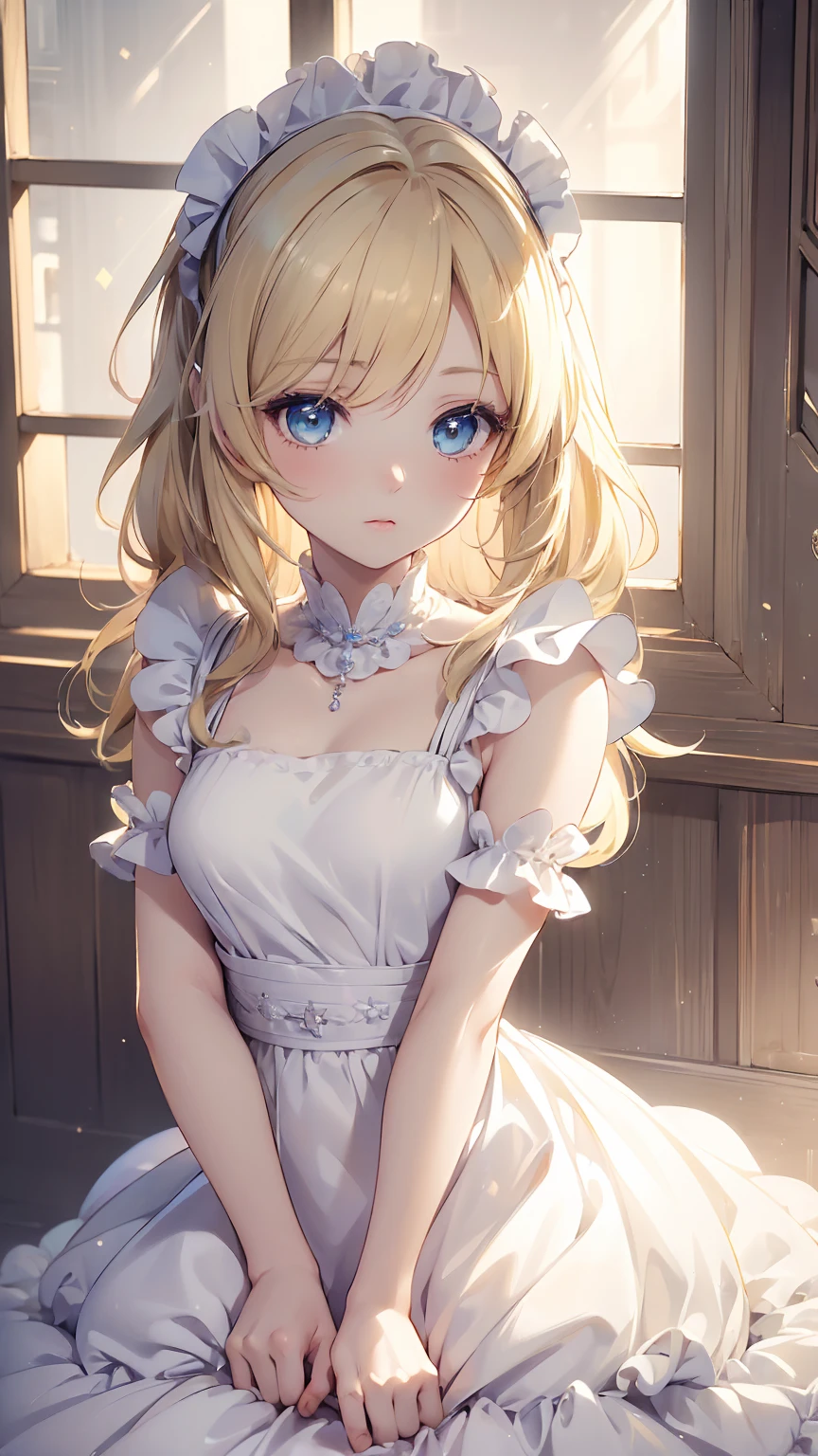 ((masterpiece)), (((best quality))), ((ultra-detailed)), ((illustration)), ((disheveled hair)), Kagamine Rin, ((beautiful eyes)), towel, (((beautiful light))), long maid,maid, maid dress, maid apron, puffy sleeves,,