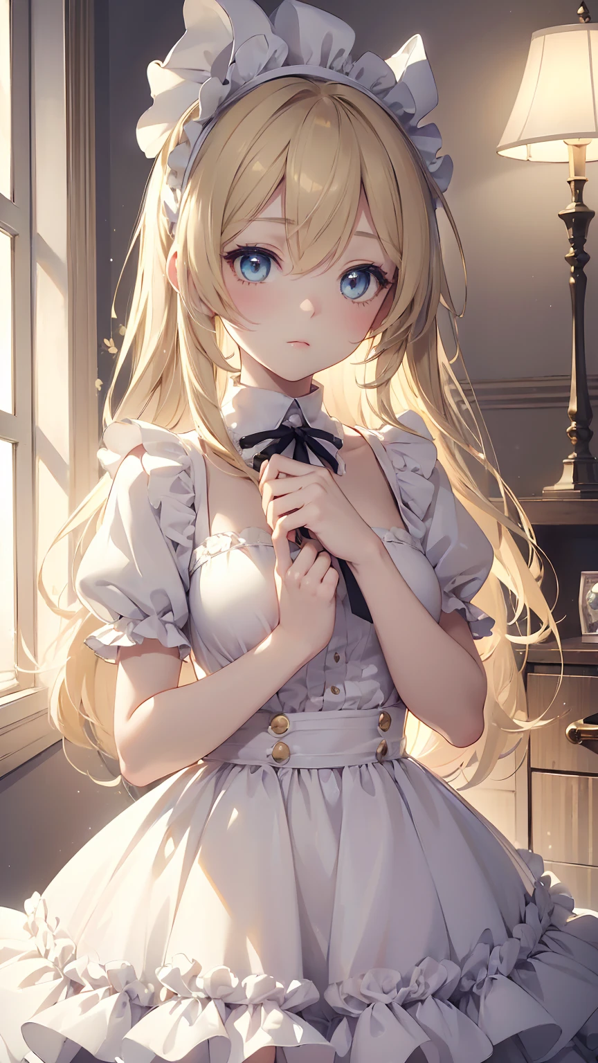 ((masterpiece)), (((best quality))), ((ultra-detailed)), ((illustration)), ((disheveled hair)), Kagamine Rin, ((beautiful eyes)), towel, (((beautiful light))),  long maid,maid, maid dress, maid apron, puffy sleeves,,