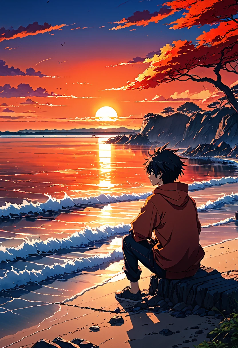 anime landscape of a boy sitting near the shore of a sea with, hellish orange and red sunset, anime nature wallpapers, beautiful anime scene, beautiful anime peace scene, Makoto Shinkai Cyril Rolando, beautiful anime scene, amazing wallpaper, anime art wallpaper 8k, anime background, art anime background, anime 4k wallpaper, anime art 4k wallpaper, anime art 4k wallpaper ,