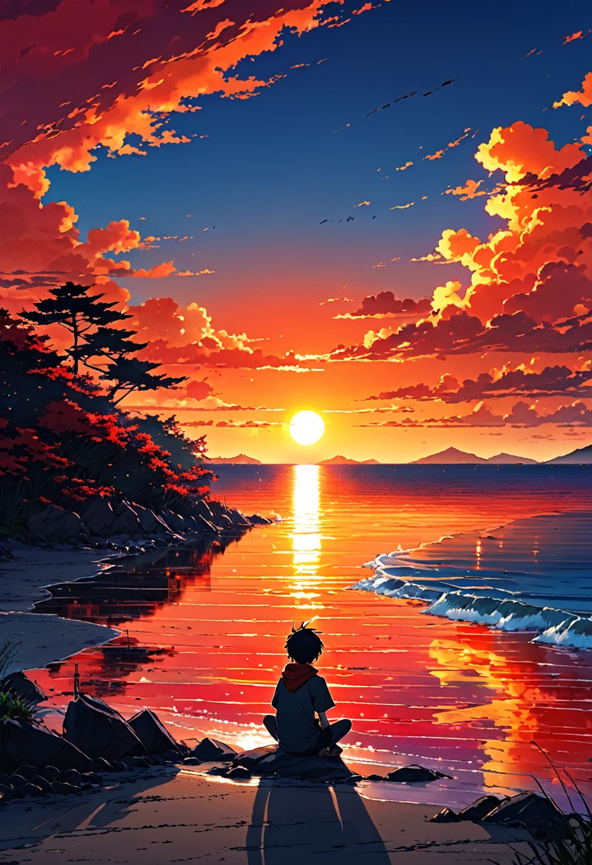 anime landscape of a boy sitting near the shore of a sea with, hellish orange and red sunset, anime nature wallpapers, beautiful anime scene, beautiful anime peace scene, Makoto Shinkai Cyril Rolando, beautiful anime scene, amazing wallpaper, anime art wallpaper 8k, anime background, art anime background, anime 4k wallpaper, anime art 4k wallpaper, anime art 4k wallpaper ,