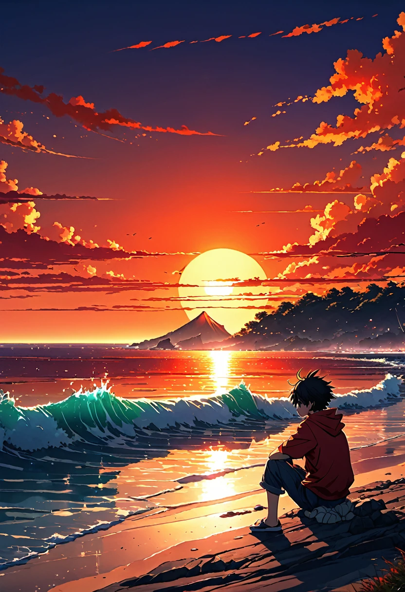 anime landscape of a boy sitting near the shore of a sea with, hellish orange and red sunset, anime nature wallpapers, beautiful anime scene, beautiful anime peace scene, Makoto Shinkai Cyril Rolando, beautiful anime scene, amazing wallpaper, anime art wallpaper 8k, anime background, art anime background, anime 4k wallpaper, anime art 4k wallpaper, anime art 4k wallpaper ,