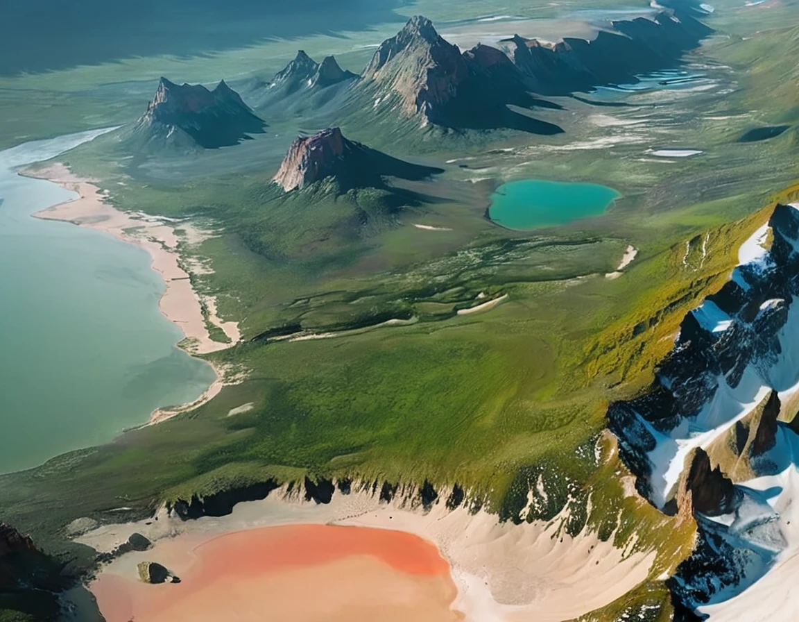 aerial view of a lake and mountains with a sandy beach, amazing alien landscape, stunning alien landscape, alien breathtaking landscape, beautiful alien landscape, vermilion and red lake, graafland, a lake between mountains, balaskas, mountains and lakes, terraforming jezero crater, beach is between the two valleys, most perfect desert on the world, red lake