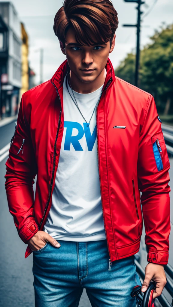 Man, red jacket outfit, short yellow cable, blue eyes 8k ultra reality