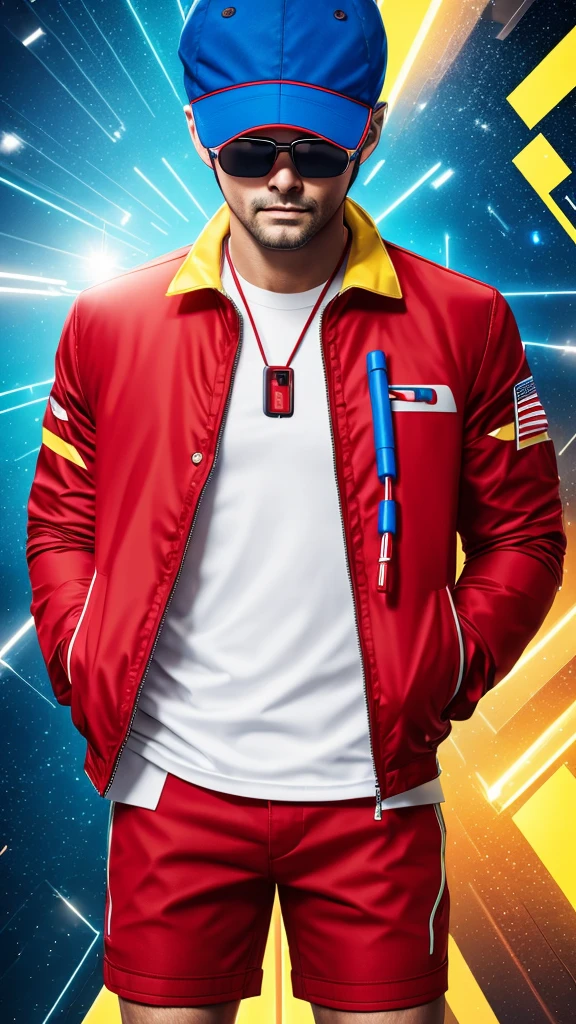 Man, red jacket outfit, short yellow cable, blue eyes 8k ultra reality