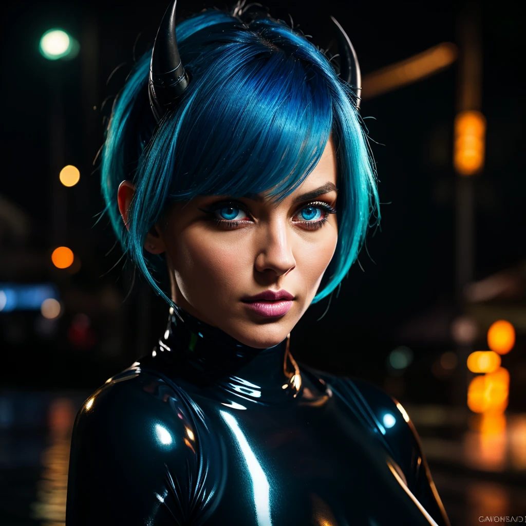 1girl, milf, blue_hair, beautiful_detailed_eyes, appetizing_sexy_body, bioluminescent_horns, latex_skintight_bodysuit, huge_protruding_breasts, sensual_pose, outdoor, rain, best_quality, 8k, highres, masterpiece, ultra-detailed, realistic, photorealistic, photo-realistic, HDR, UHD, studio_lighting, ultra-fine_painting, sharp_focus, physically-based_rendering, extreme_detail_description, professional, vivid_colors, bokeh, portrait