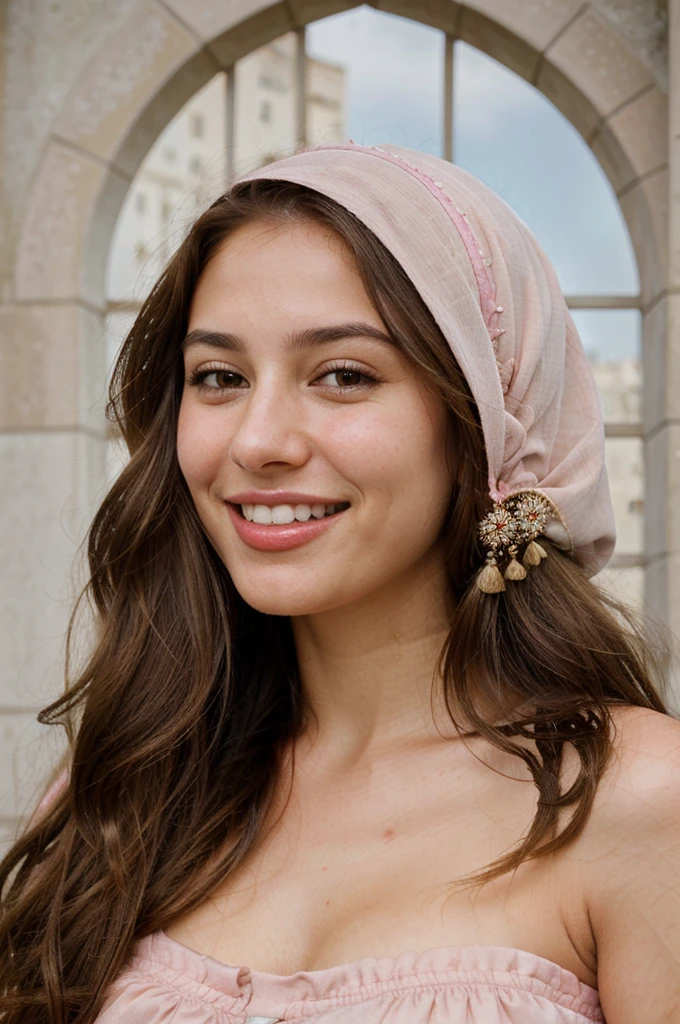 a photo-realistic portrait of a beautiful Palestinian woman with long brown hair, pink dress, white teeth, and a cute smile, with highly detailed and realistic facial features, modest expression, and realistic white skin tone