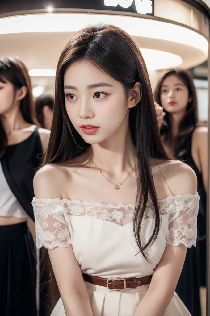 Front Angle, (8K, best quality, masterpiece:1.2), (Practical, photo-Practical:1.37), Extremely detailed, 1 girl, Looking at the audience, Beautiful and detailed sky, Detailed café street, sit, full_Body, Small head, Exquisite necklace, beautiful legs:1.2, Long legs:1.2, Slender legs, High heel:1.3, White socks:1.4, Medium breasts, High waist, Willow Waist, Off-shoulder, belt, Short bottoms, Beautiful and delicate eyes, daytime, Warm colors, White lace, (Long hair:1.4), 银色中Long hair, White skin, light, Street Lights, (Tea table:1), (handbag:1), ulzzang-6500-v1.1:0.66