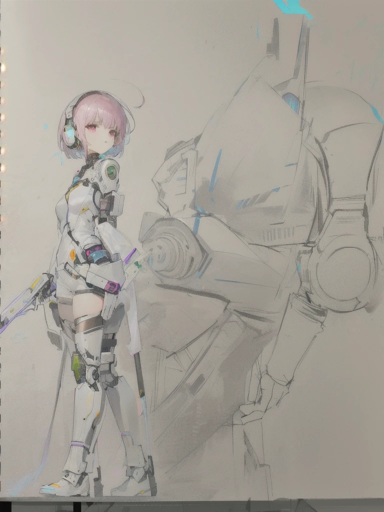 Cyborg warrior in combat mode、and a woman with a pink bob cut wearing cyber headphones standing nearby
