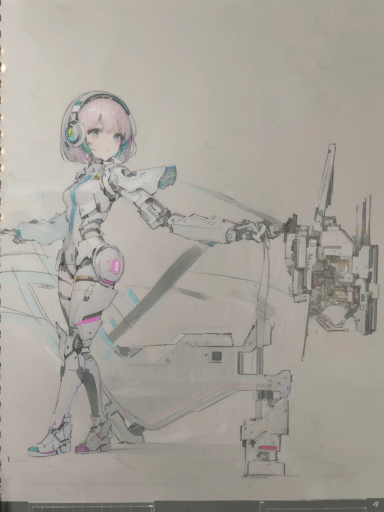 Cyborg warrior in combat mode、and a woman with a pink bob cut wearing cyber headphones standing nearby