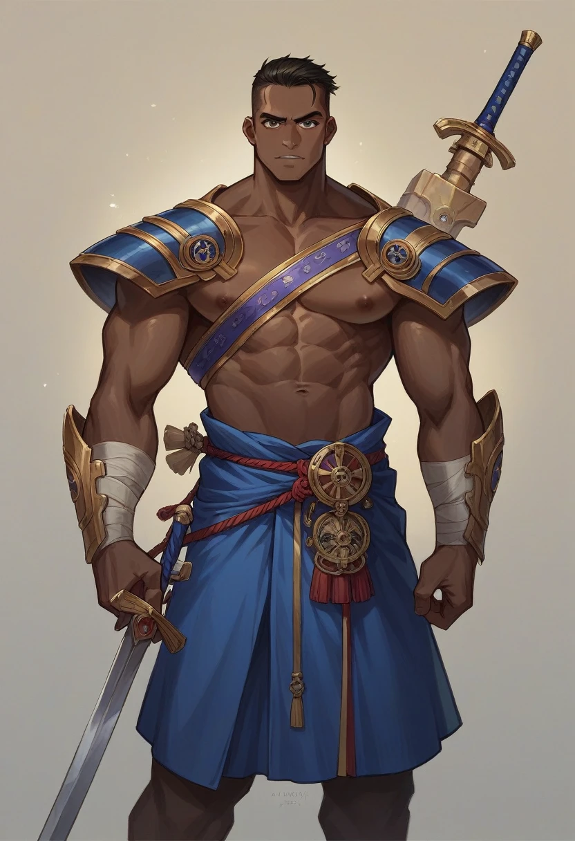 African male god, Ogun, comely, young warrior with iron sword, blue skirt, Perfect Anatomia, at night, octane rendering, Greg Rutkowski