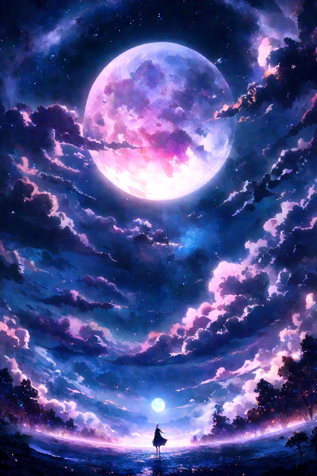 Condensed beauty,Across the sky, Starry moon painting, Concept art inspired by Mitsuoki Tosa, pixiv Contest Winner, Highest quality, Fantasy art, Beautiful anime scene, Bright Moon, Starry Sky environment in moonlight, Dream painting, Anime Background Art, dream scenery art, Great night, Anime Background, Background artwork, Dreamy art, Atmospheric anime, Starry Sky, Detail enhancements.