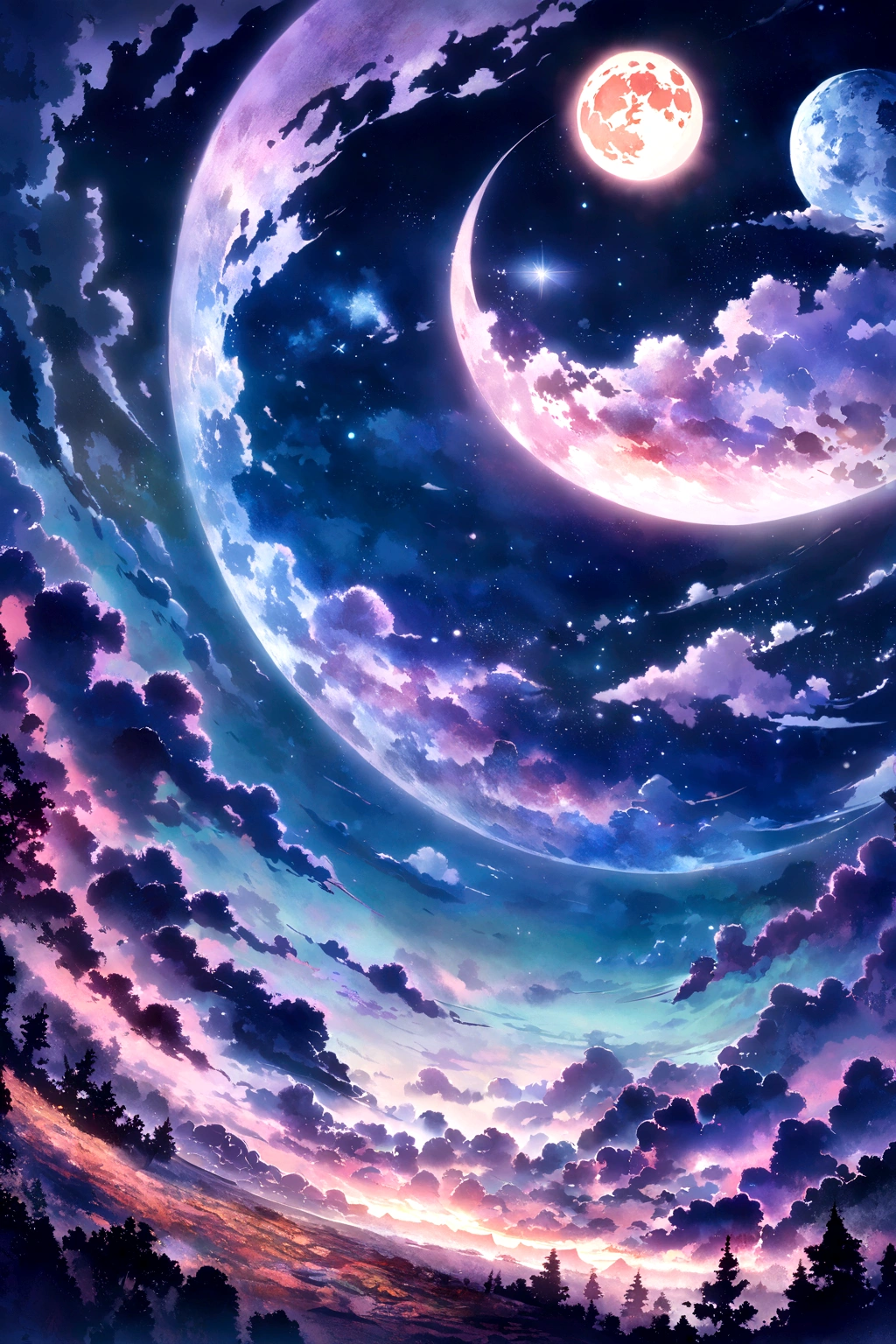 Condensed beauty，Across the sky, Starry moon painting, Concept art inspired by Mitsuoki Tosa, pixiv Contest Winner, Highest quality, Fantasy art, Beautiful anime scene, Bright Moon, Starry Sky environment in moonlight, Dream painting, Anime Background Art, dream scenery art, Great night, Anime Background, Background artwork, Dreamy art, Atmospheric anime, Starry Sky, Detail enhancements.