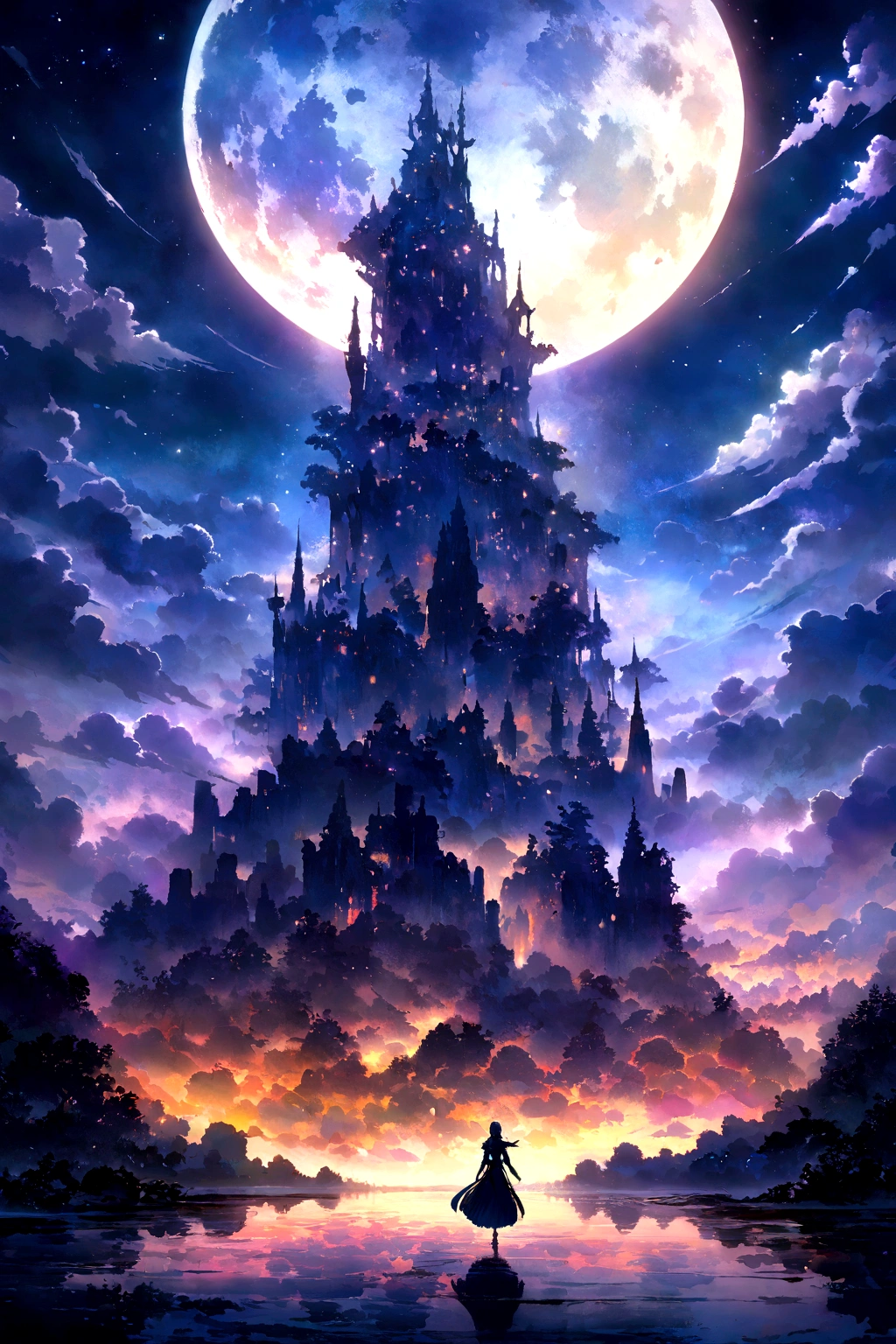 Condensed beauty，Across the sky, Starry moon painting, Concept art inspired by Mitsuoki Tosa, pixiv Contest Winner, Highest quality, Fantasy art, Beautiful anime scene, Bright Moon, Starry Sky environment in moonlight, Dream painting, Anime Background Art, dream scenery art, Great night, Anime Background, Background artwork, Dreamy art, Atmospheric anime, Starry Sky, Detail enhancements.