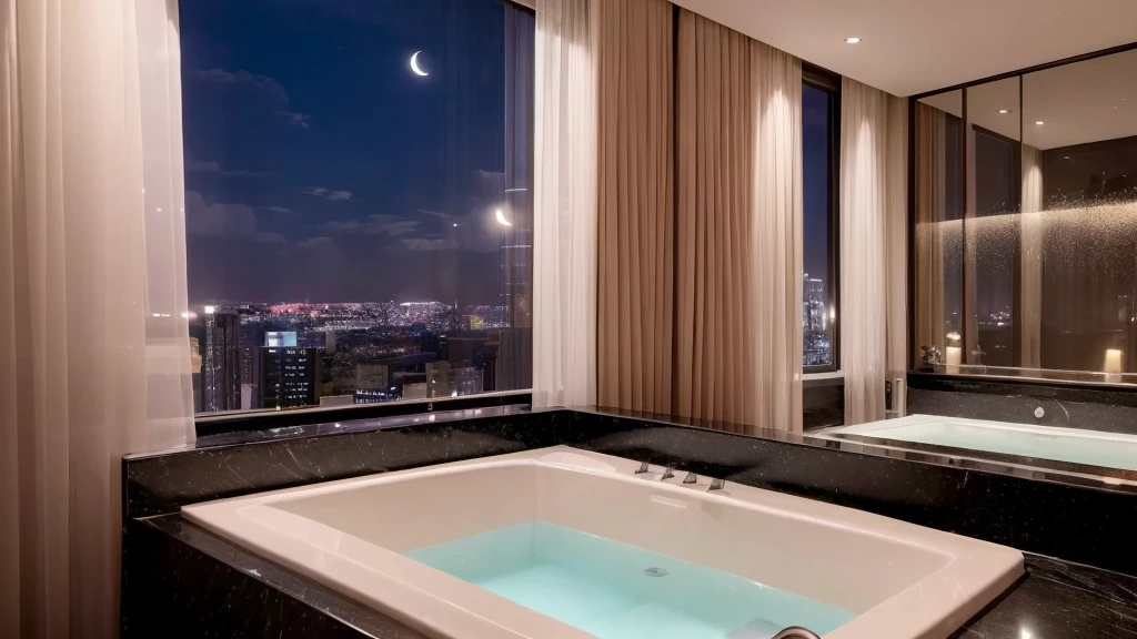 In a cozy luxury high-rise hotel on a pitch-black night, the beds are lit with aromas and candles, and are equipped with a luxurious bathtub and whirlpool., Beautiful night view of the moon, stars, and city outside the high-rise window. very wide angle of view