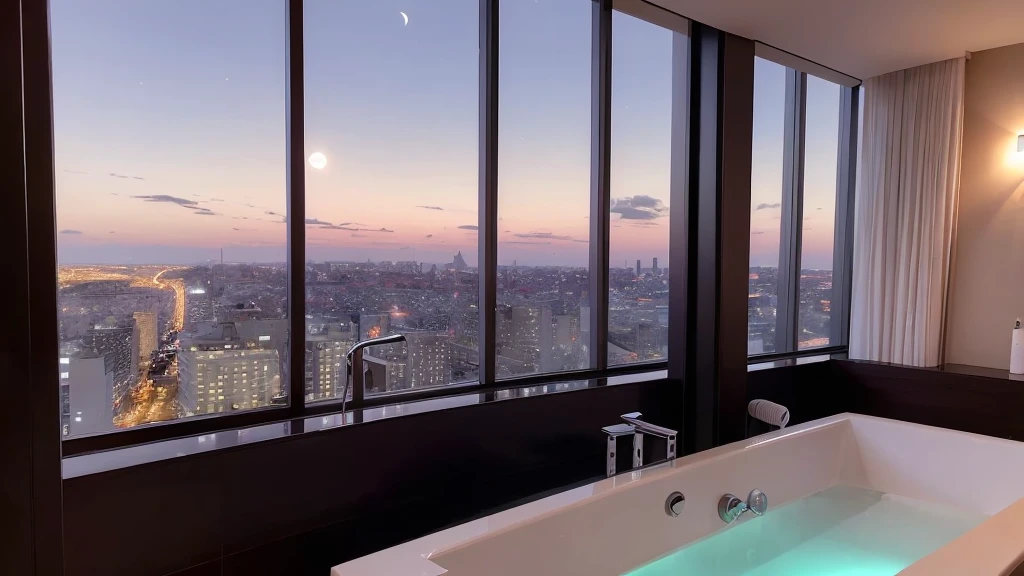 In a cozy luxury high-rise hotel on a pitch-black night, the beds are lit with aromas and candles, and are equipped with a luxurious bathtub and whirlpool., Beautiful night view of the moon, stars, and city outside the high-rise window. very wide angle of view