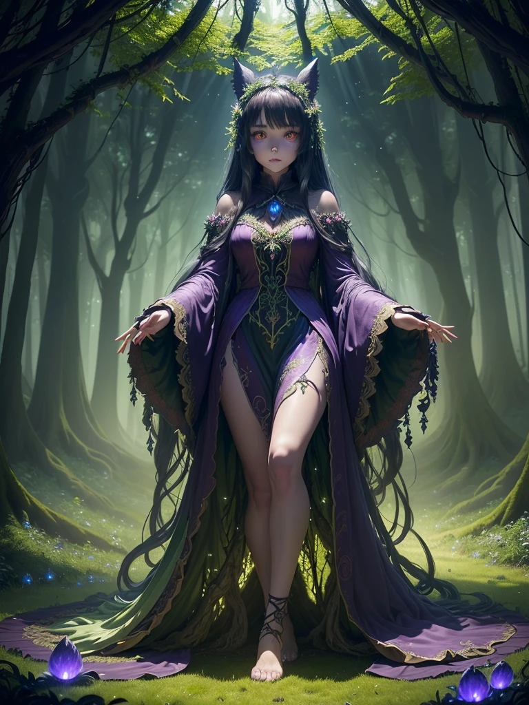 ((best quality)), ((masterpiece)), (detailed), (Mystical forest:1.4), ((Enchanted grove with towering ancient trees)and(Glowing mushrooms carpet the forest floor) and (Trickling streams weave through the foliage)), ethereal, mesmerizing and captivating, moonlit night background, softly illuminated fireflies dancing in the air, (dense foliage with hanging vines:1.3)
Fantasy, magic /= (Mysterious creature lurking in the shadows:1.5), (solitary), (Wide angle lens), (front), glowing eyes, (partial body), (claws extended), (shrouded in darkness), the creature facing camera, Eerie Aura, magician Girl with long hair, beautiful costume fantasy, mystical aura, full energy, lot of colours féérie, céleste, unknown creature from nowhere
