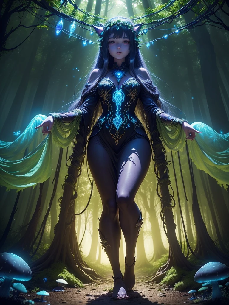 ((best quality)), ((masterpiece)), (detailed), (Mystical forest:1.4), ((Enchanted grove with towering ancient trees)and(Glowing mushrooms carpet the forest floor) and (Trickling streams weave through the foliage)), ethereal, mesmerizing and captivating, moonlit night background, softly illuminated fireflies dancing in the air, (dense foliage with hanging vines:1.3)
Fantasy, magic /= (Mysterious creature lurking in the shadows:1.5), (solitary), (Wide angle lens), (front), glowing eyes, (partial body), (claws extended), (shrouded in darkness), the creature facing camera, Eerie Aura, magician Girl with long hair, beautiful costume fantasy, mystical aura, full energy, lot of colours féérie, céleste, unknown creature from nowhere