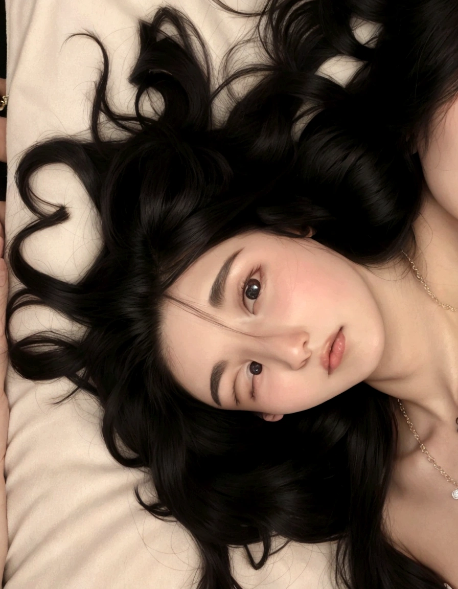 There is a woman lying on a bed with a necklace on, very low quality, 18 years, very very low quality, very very very beautiful face, 22 years, profile picture, 1 8 son, clear and high-quality lips, 23 years, 21 years, dilraba dilmurat, 28 years old