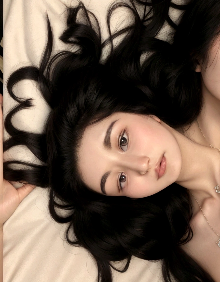 There is a woman lying on a bed with a necklace on, very low quality, 18 years, very very low quality, very very very beautiful face, 22 years, profile picture, 1 8 son, clear and high-quality lips, 23 years, 21 years, dilraba dilmurat, 28 years old