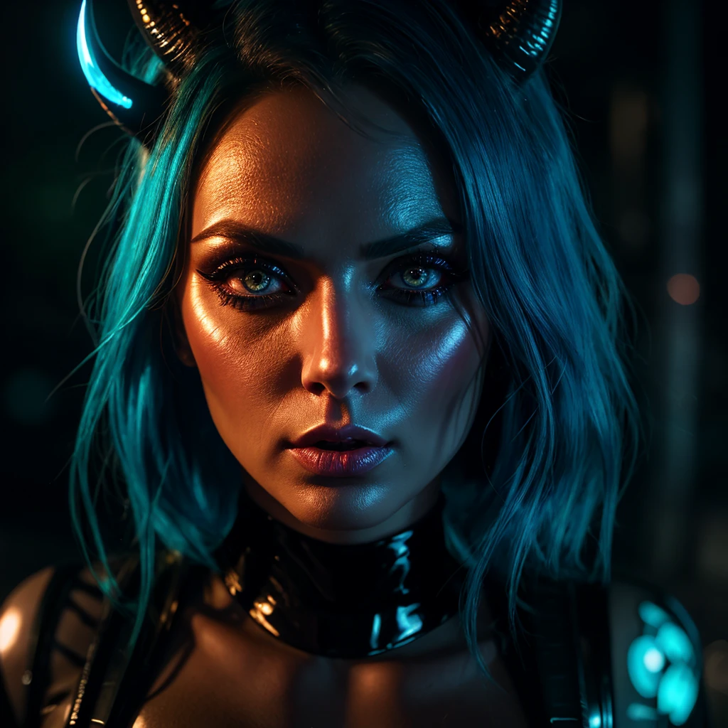 1 milf, blue hair, beautiful eyes, appetizing sexy body, bioluminescent horns, latex skin-tight bodysuit, huge protruding breasts, sensual pose, outdoor, rain, (best quality,4k,8k,highres,masterpiece:1.2),ultra-detailed,(realistic,photorealistic,photo-realistic:1.37),highly detailed face, extremely detailed eyes and face, long eyelashes, detailed lips, dynamic lighting, cinematic, atmospheric, dramatic, moody, vivid colors, glowing, surreal, fantasy, concept art