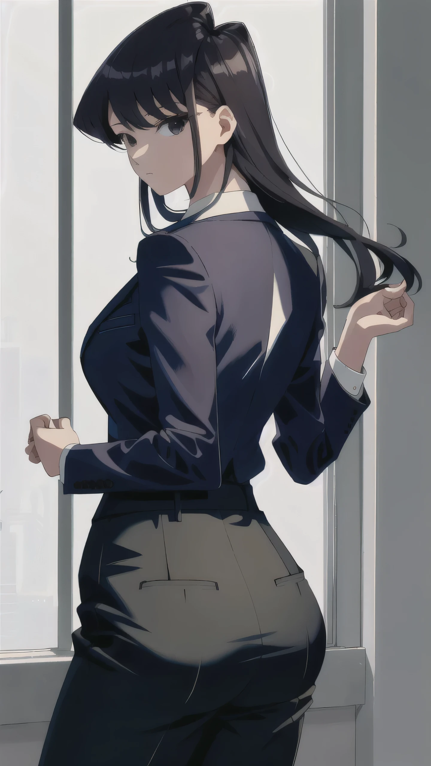 masterpiece, best quality, ultra-detailed, Potrait of beautiful komi_shouko, solo, shirt, long_sleeves, white_shirt, collared_shirt, pants, from_behind, arms_behind_back, black_pants, formal, suit, arm_behind_back, shirt_tucked_in, facing_away, office_lady, business_suit, high-waist_pants, volumetric lighting, best quality, masterpiece, intricate details, tonemapping, sharp focus, hyper detailed, hands on booty, hands on ass, big ass, holding her booty