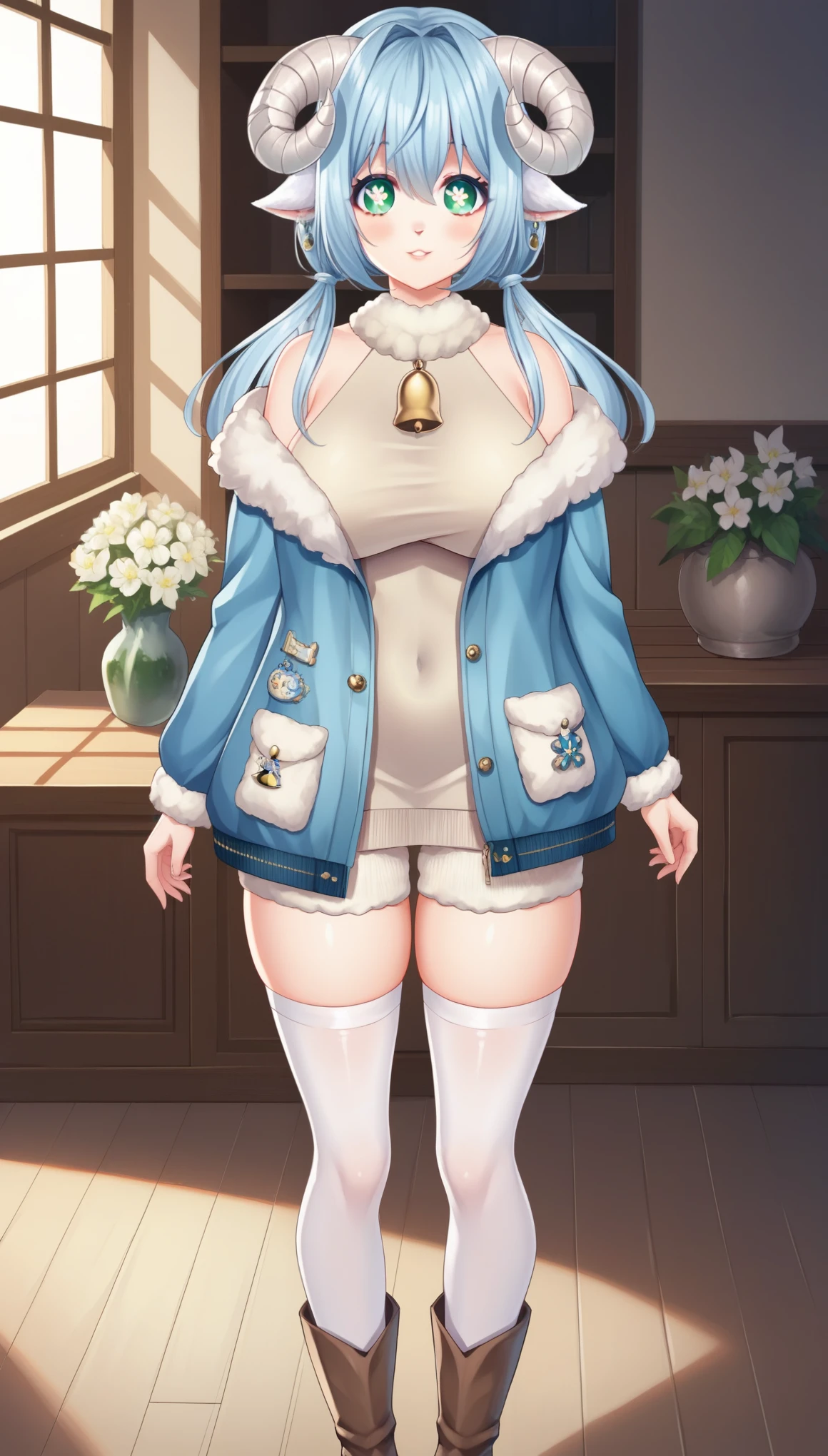 score_9, score_8_up, score_7_up, score_6_up, score_5_up, score_4_up, KotoneAsahiVTXL, green eyes, white pupils, flower shaped pupils, blue hair, short hair, twintails, hair between eyes, sheep ears, curled horns, large breasts, bare shoulders, blue jacket, fur trim, white dress, neck bell, white thighhighs, brown boots, solo, standing, looking at viewer, indoors