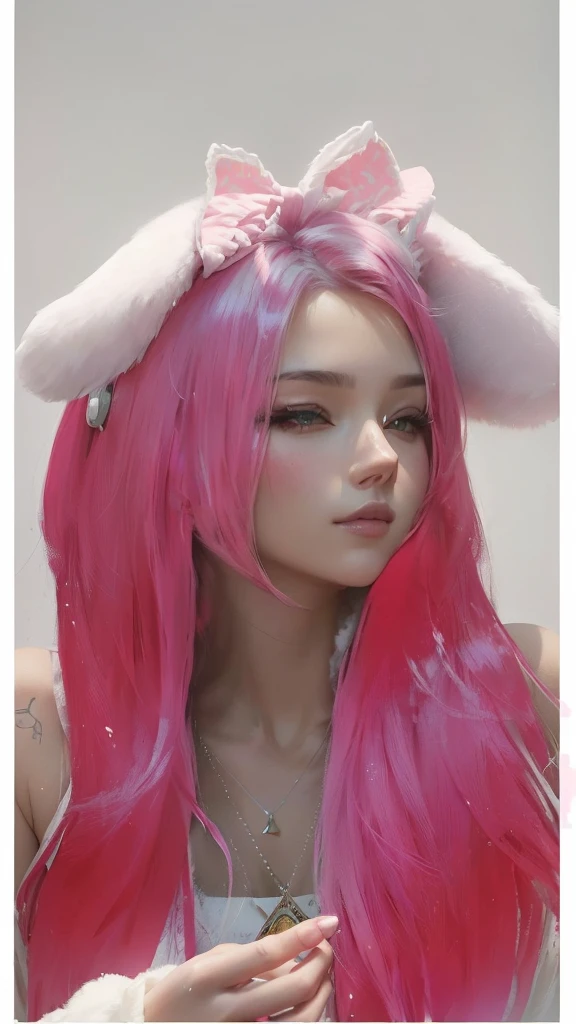 there is a woman with pink hair and a pink bunny ears, Guweiz, painted in anime painter's studio, retrato de jisoo de blackpink, made with anime painter studio, obra de arte al estilo de Guweiz, jisoo de blackpink, anime realism style, realistic anime style on pixiv, with pink hair, retrato de jossi de blackpink, Jisoo de Blackpink