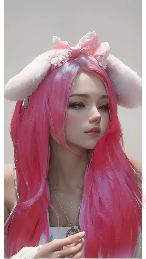 there is a woman with pink hair and a pink bunny ears, Guweiz, painted in anime painter's studio, retrato de jisoo de blackpink, made with anime painter studio, obra de arte al estilo de Guweiz, jisoo de blackpink, anime realism style, realistic anime style on pixiv, with pink hair, retrato de jossi de blackpink, Jisoo de Blackpink
