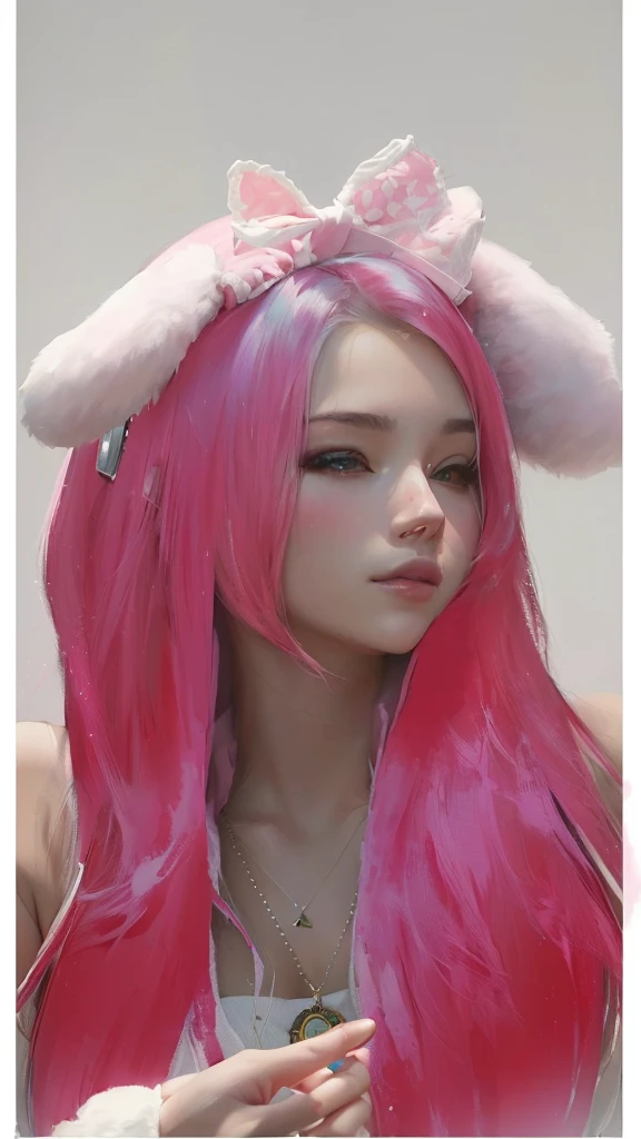 there is a woman with pink hair and a pink bunny ears, Guweiz, painted in anime painter&#39;s studio, retrato de jisoo de blackpink, made with anime painter studio, obra de arte al estilo de Guweiz, jisoo de blackpink, anime realism style, realistic anime style on pixiv, with pink hair, retrato de jossi de blackpink, Jisoo de Blackpink