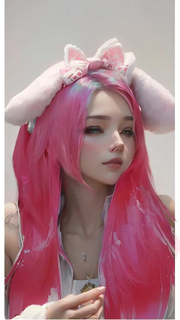 there is a woman with pink hair and a pink bunny ears, Guweiz, painted in anime painter's studio, retrato de jisoo de blackpink, made with anime painter studio, obra de arte al estilo de Guweiz, jisoo de blackpink, anime realism style, realistic anime style on pixiv, with pink hair, retrato de jossi de blackpink, Jisoo de Blackpink