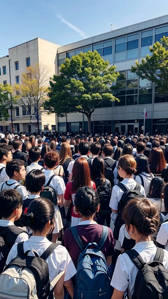 A mixed school and the students gathered in front of the school
