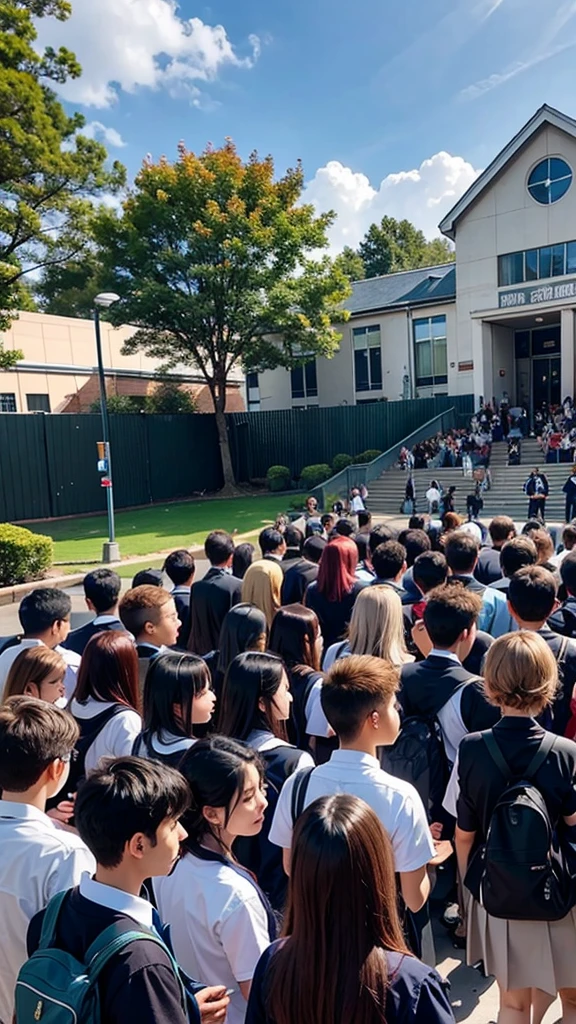 A mixed school and the students gathered in front of the school  