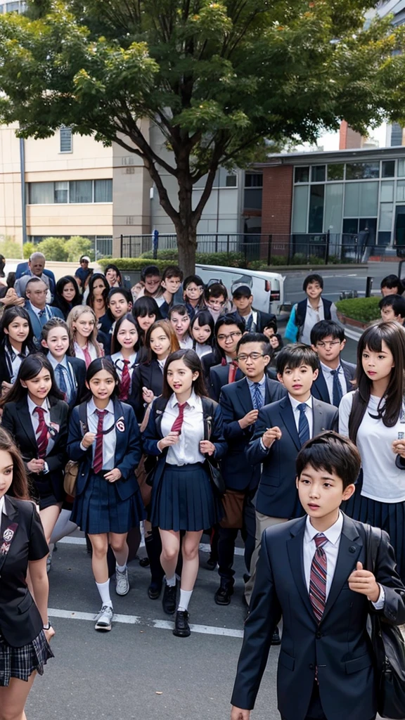 A mixed school and the students gathered in front of the school